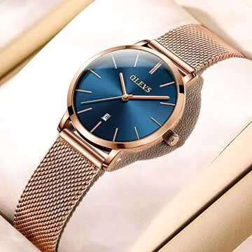 OLEVS Women's Rose Gold and Blue Ultra-Thin Luxury Watch