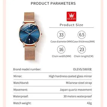 OLEVS Women's Rose Gold and Blue Ultra-Thin Luxury Watch