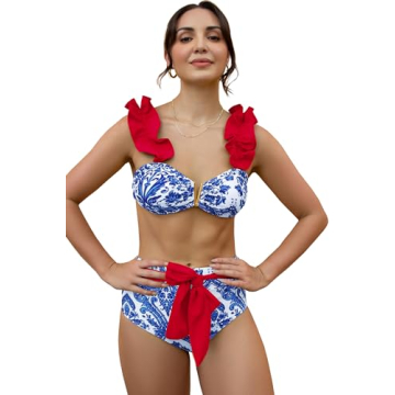 SPORLIKE Women High Waisted Swimsuit Ruffle Adjustable Straps Bikini Tie Back Bathing Suit(Blue Prin...