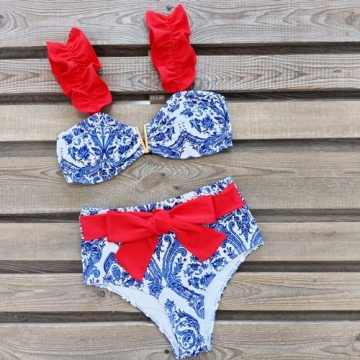 SPORLIKE Women High Waisted Swimsuit Ruffle Adjustable Straps Bikini Tie Back Bathing Suit(Blue Print/Red,Small)