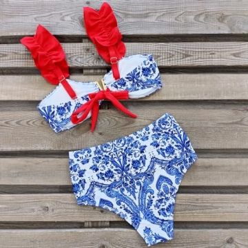 SPORLIKE Women High Waisted Swimsuit Ruffle Adjustable Straps Bikini Tie Back Bathing Suit(Blue Print/Red,Small)