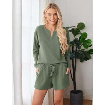 Ekouaer Pajama Set for Women Waffle Knit Lounge Sets Long Sleeve Top and Shorts Matching Loungewear,...