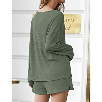 Ekouaer Pajama Set for Women Waffle Knit Lounge Sets Long Sleeve Top and Shorts Matching Loungewear,Dark Green,M