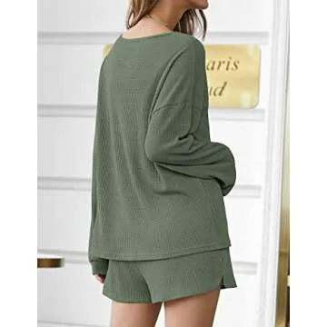 Ekouaer Pajama Set for Women Waffle Knit Lounge Sets Long Sleeve Top and Shorts Matching Loungewear,Dark Green,M