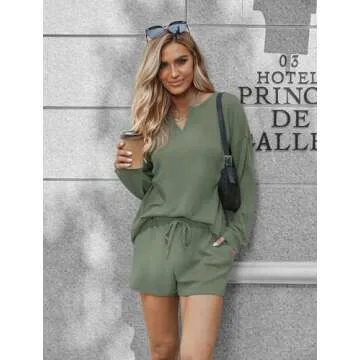Ekouaer Pajama Set for Women Waffle Knit Lounge Sets Long Sleeve Top and Shorts Matching Loungewear,Dark Green,M