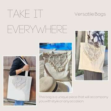 Women's Tote Bag, Handmade in Linen Fabric with a Beautiful Macrame Applique, Boho Shoulder Handbag for Shopping, Beach, and Travel - ATM