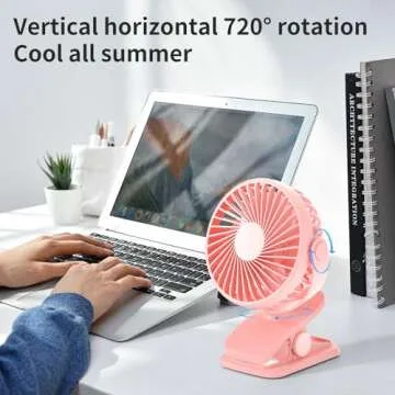 BDXXJ Portable Clip on Fan, 360° Rotate Battery Operated Stroller Fan, 3 Speed Quiet Mini Personal Desk Fan, USB Rechargeable Clooing Fan for Outdoor Camping Golf Cart Stroller Home Office Pink