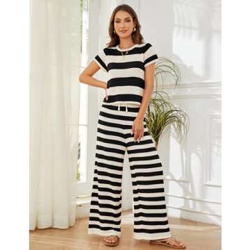 MISSACTIVER Women's Striped Two Piece Sweater Outfits Short Sleeve Pullover Tops and High Waisted Wi...