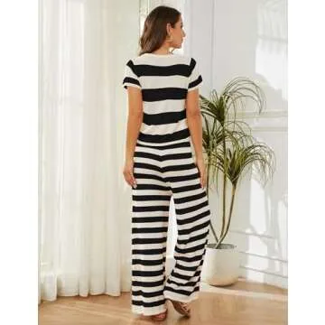 MISSACTIVER Women's Striped Two Piece Sweater Outfits Short Sleeve Pullover Tops and High Waisted Wide Leg Pants Lounge Sets