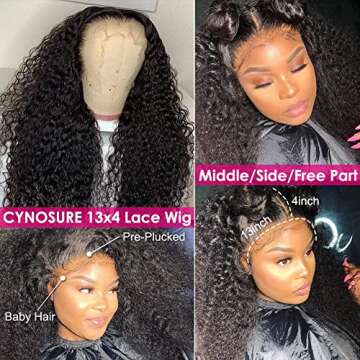 CYNOSURE 13x4 Lace Front Wigs Human Hair Pre Plucked 180% Density Brazilian Kinky Curly Frontal Wig with Baby 9A Natural Black for Women(16, Wigs)