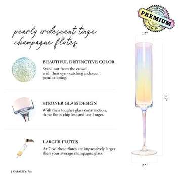 Champagne Flutes Set of 4 - Large Durable Pearly Iridescent Tinge Champagne Glasses - Crystal Champa...