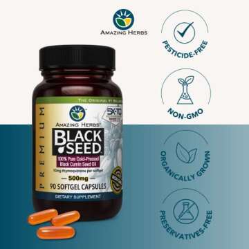 Amazing Herbs Premium Black Seed Oil Capsules - Cold Pressed Nigella Sativa Aids in Digestive Health, Immune Support, Brain Function, Gluten Free, Non GMO - 90 Count, 500mg