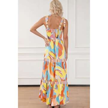 AlvaQ Summer Dress for Women Casual Sleeveless High Waist Boho Floral Print Beach Dress Square Neck A-Line Maxi Sun Dress Yellow Small