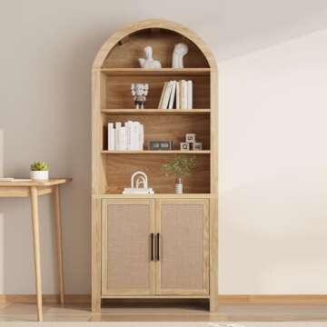 Janmer Home 71" Tall Arched Bookcase with Storage, Mid-Century Modern 6-Tier Arched Cabinet with Door, Arched Bookshelf Cabinet with Open Display Storage Shelf for Office Living Room (Natural)