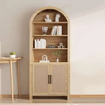 Janmer Home 71" Tall Arched Bookcase with Storage, Mid-Century Modern 6-Tier Arched Cabinet with Door, Arched Bookshelf Cabinet with Open Display Storage Shelf for Office Living Room (Natural)