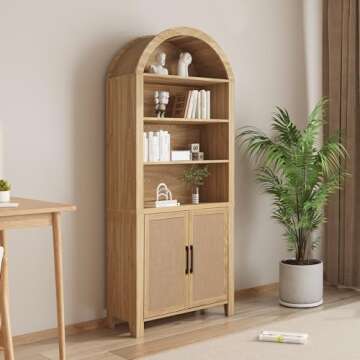 Janmer Home 71" Tall Arched Bookcase with Storage, Mid-Century Modern 6-Tier Arched Cabinet with Door, Arched Bookshelf Cabinet with Open Display Storage Shelf for Office Living Room (Natural)