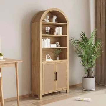 Janmer Home 71" Tall Arched Bookcase with Storage, Mid-Century Modern 6-Tier Arched Cabinet with Door, Arched Bookshelf Cabinet with Open Display Storage Shelf for Office Living Room (Natural)