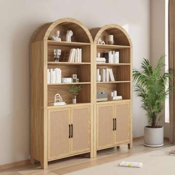 Janmer Home 71" Tall Arched Bookcase with Storage, Mid-Century Modern 6-Tier Arched Cabinet with Door, Arched Bookshelf Cabinet with Open Display Storage Shelf for Office Living Room (Natural)