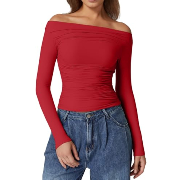 QINSEN Women's Off-Shoulder Ruched Long Sleeve Top - Sultry Red for Night Out