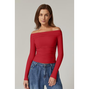QINSEN Women Off-Shoulder Ruched Long Sleeve Top Red