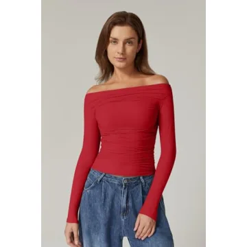 QINSEN Women Off-Shoulder Ruched Long Sleeve Top Red