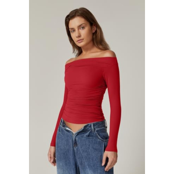 QINSEN Women Off-Shoulder Ruched Long Sleeve Top Red