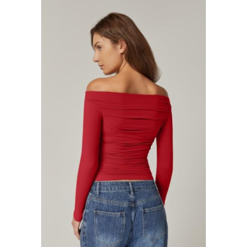 QINSEN Women Off-Shoulder Ruched Long Sleeve Top Red