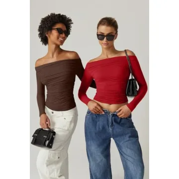 QINSEN Women Off-Shoulder Ruched Long Sleeve Top Red