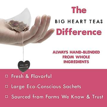 Big Heart Tea Co. Tea Bags - Blushing Pink Hibiscus - Certified Organic, Naturally Sweet Ayurvedic Herbal Decaf Tea with Small Batch Ground Herbs - Adaptogenic Tulsi and Lemongrass, 10 Tea Bags