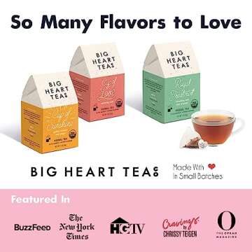 Big Heart Tea Co. Tea Bags - Blushing Pink Hibiscus - Certified Organic, Naturally Sweet Ayurvedic Herbal Decaf Tea with Small Batch Ground Herbs - Adaptogenic Tulsi and Lemongrass, 10 Tea Bags