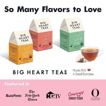 Big Heart Tea Co. Tea Bags - Blushing Pink Hibiscus - Certified Organic, Naturally Sweet Ayurvedic Herbal Decaf Tea with Small Batch Ground Herbs - Adaptogenic Tulsi and Lemongrass, 10 Tea Bags