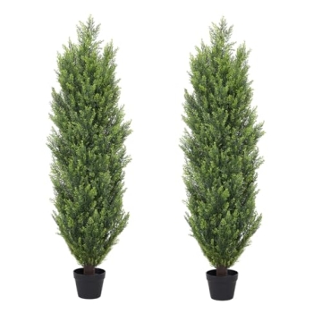 THE BLOOM TIMES 4ft Cedar Topiary Trees Artificial Outdoor Set of 2, Fake Potted Plants UV Resistant...
