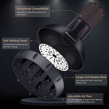Segbeauty Hair Diffuser for Curly Hair, Upgraded Adjustable Air Flow, Deep Bowl, Professional Salon Frizz-free Fast Dry Diffuser Attachment with 1.57"-1.97" Nozzle, Black