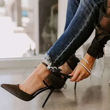Coutgo Women's Closed Pointed Toe High Heels with Bow Knot Ankle Strap Satin Stiletto Pumps Black