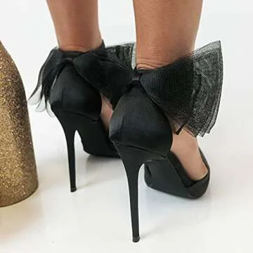 Coutgo Women's Closed Pointed Toe High Heels with Bow Knot Ankle Strap Satin Stiletto Pumps Black