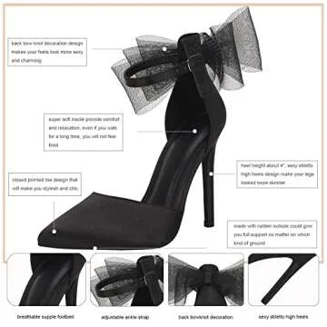 Coutgo Women's Closed Pointed Toe High Heels with Bow Knot Ankle Strap Satin Stiletto Pumps Black