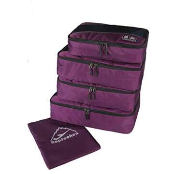 HOPSOOKEN 5pc Packing Cubes Set Large Travel Luggage Organizer 4 Cubes 1 Laundry Pouch Zipper Bag (Purple)
