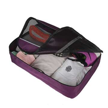 HOPSOOKEN 5pc Packing Cubes Set Large Travel Luggage Organizer 4 Cubes 1 Laundry Pouch Zipper Bag (Purple)