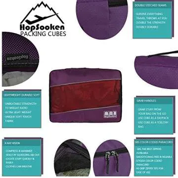 HOPSOOKEN 5pc Packing Cubes Set Large Travel Luggage Organizer 4 Cubes 1 Laundry Pouch Zipper Bag (Purple)