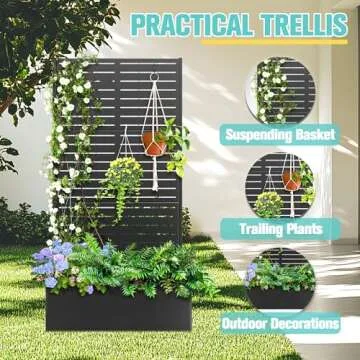 71"x35"x16" Metal Planter Box with Trellis Raised Garden Bed with Trellis, Trellis with Planter Box & Privacy Screen, Metal Planter Box for Climbing Plants, Vegetable, Vines(Black, Louvered)