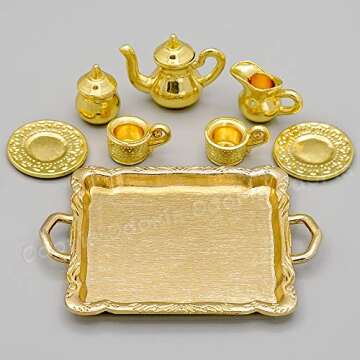 Odoria 1/12 Miniature Tea Set 8Pcs Dollhouse Decoration Accessories, Gold