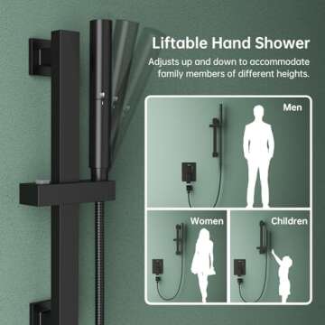 Hoimpro 12 Inch Matte Black Shower System with Adjustable Slide Bar, Square Rain Shower Head and Wand Wall Mounted, Rainfall Shower Faucet Fixture Combo Set, 2 in 1 Handheld Showerhead for Bathroom