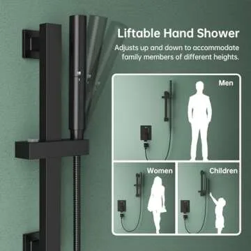 Hoimpro 12 Inch Matte Black Shower System with Adjustable Slide Bar, Square Rain Shower Head and Wand Wall Mounted, Rainfall Shower Faucet Fixture Combo Set, 2 in 1 Handheld Showerhead for Bathroom
