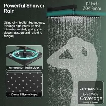 Hoimpro 12 Inch Matte Black Shower System with Adjustable Slide Bar, Square Rain Shower Head and Wand Wall Mounted, Rainfall Shower Faucet Fixture Combo Set, 2 in 1 Handheld Showerhead for Bathroom