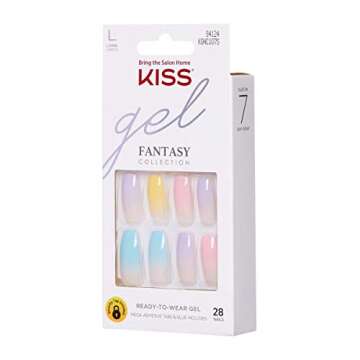 KISS Gel Fantasy Ready-to-Wear Press-On Gel Nails, “It's Destiny”, Long, Multi-Colored Pastel Tips with 24 Mega Adhesive Tabs, Pink Gel Glue, Manicure Stick, Mini File, and 28 Fake Nails