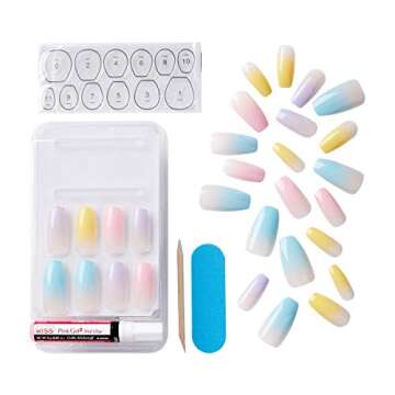 KISS Gel Fantasy Ready-to-Wear Press-On Gel Nails, “It's Destiny”, Long, Multi-Colored Pastel Tips with 24 Mega Adhesive Tabs, Pink Gel Glue, Manicure Stick, Mini File, and 28 Fake Nails