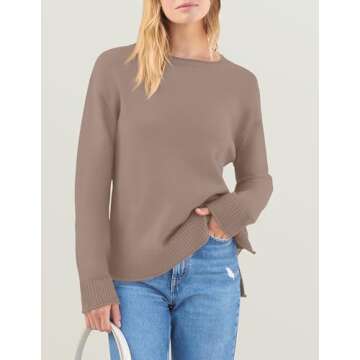 ZESICA Women's Fall Long Sleeve Crew Neck Soft Knit Side Slit Comfy Loose Pullover Sweater Jumper Tops,Almond,Medium