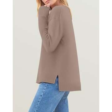 ZESICA Women's Fall Long Sleeve Crew Neck Soft Knit Side Slit Comfy Loose Pullover Sweater Jumper Tops,Almond,Medium