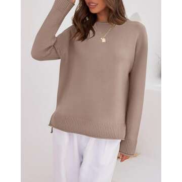 ZESICA Women's Fall Long Sleeve Crew Neck Soft Knit Side Slit Comfy Loose Pullover Sweater Jumper Tops,Almond,Medium