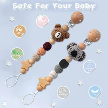 LSTRAGY Pacifier Clip, 2 Pack Pacifier Clips for Boys and Girls, Cute Koala & Bear Handmade Knitted Pacifier Holder Fits for Most Pacifier, Baby Teethers, Baby Shower and Baby Gift